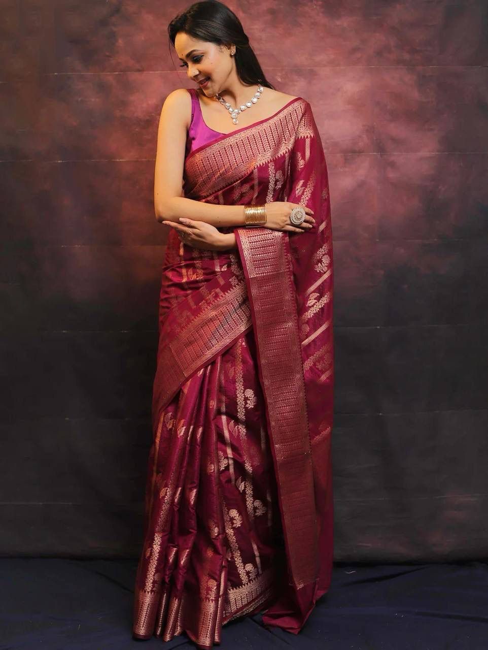 Smashing Wine Soft Silk Saree With Sempiternal Blouse Piece