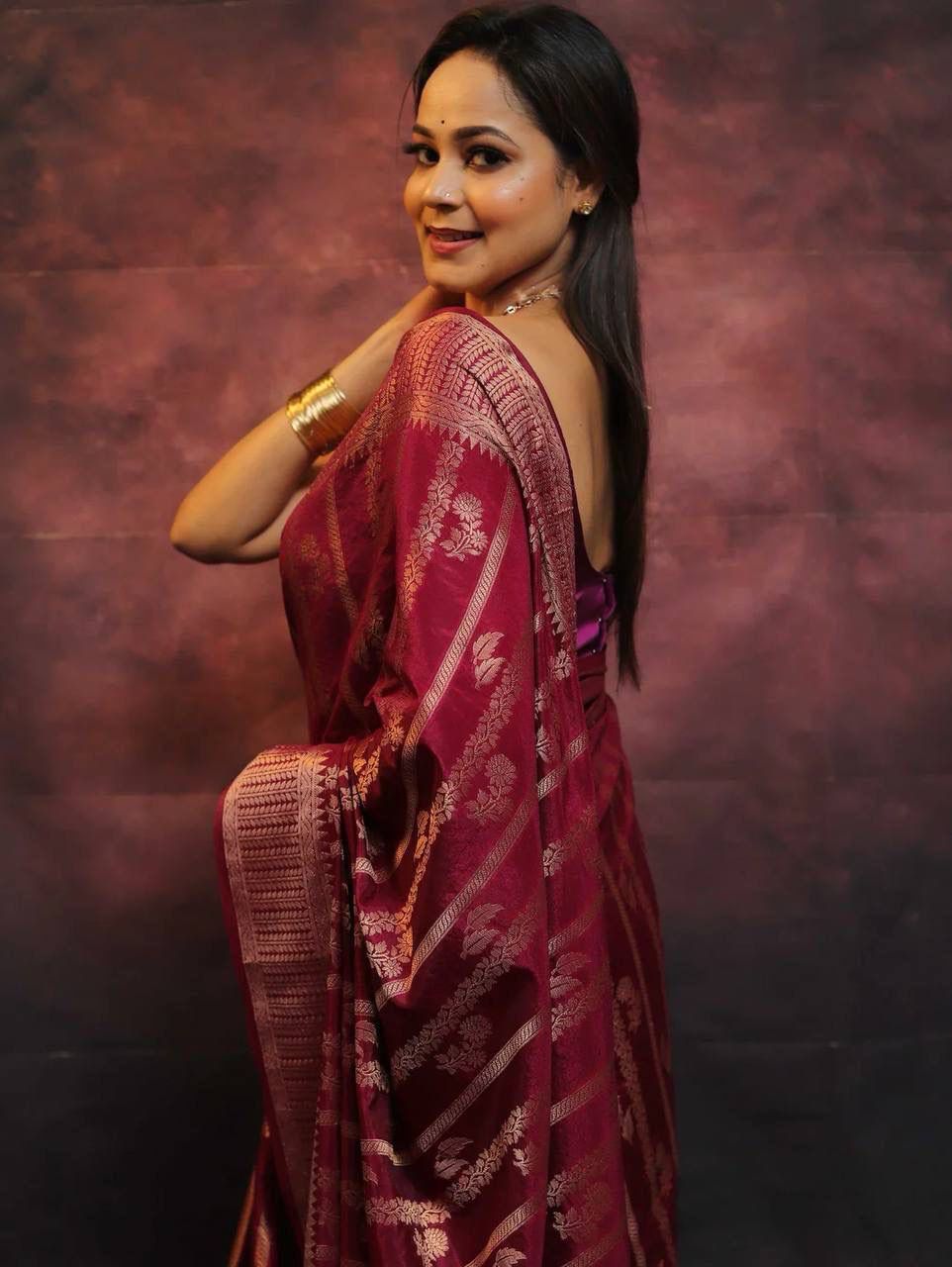 Smashing Wine Soft Silk Saree With Sempiternal Blouse Piece