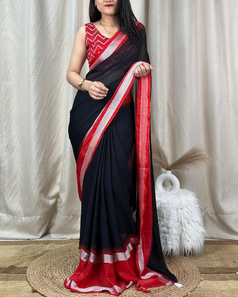 Denouement Black Digital Printed Chiffon Saree With Magnificat Blouse Piece