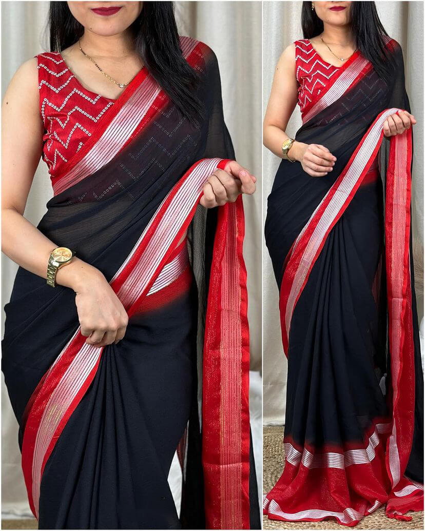 Denouement Black Digital Printed Chiffon Saree With Magnificat Blouse Piece