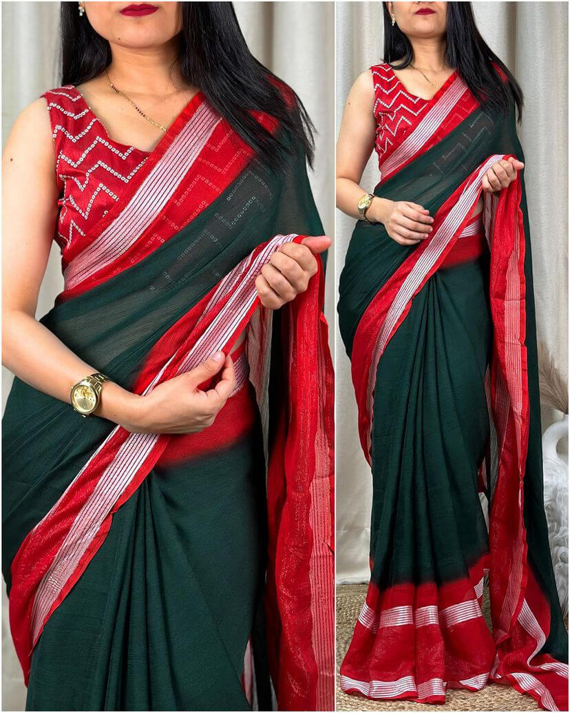 Resplendent Dark Green Digital Printed Chiffon Saree With Fancifull Blouse Piece