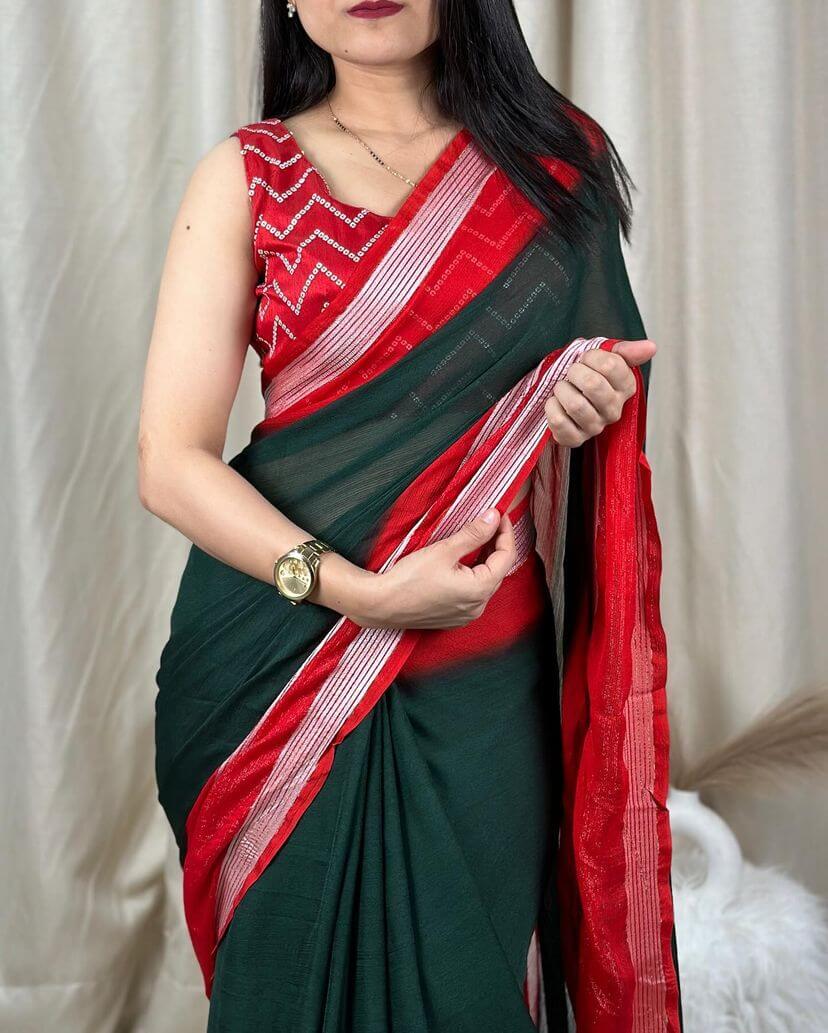 Resplendent Dark Green Digital Printed Chiffon Saree With Fancifull Blouse Piece