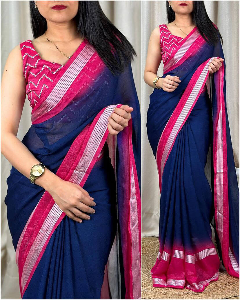 Glittering Navy Blue Digital Printed Chiffon Saree With Flameboyant Blouse Piece