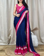 Glittering Navy Blue Digital Printed Chiffon Saree With Flameboyant Blouse Piece