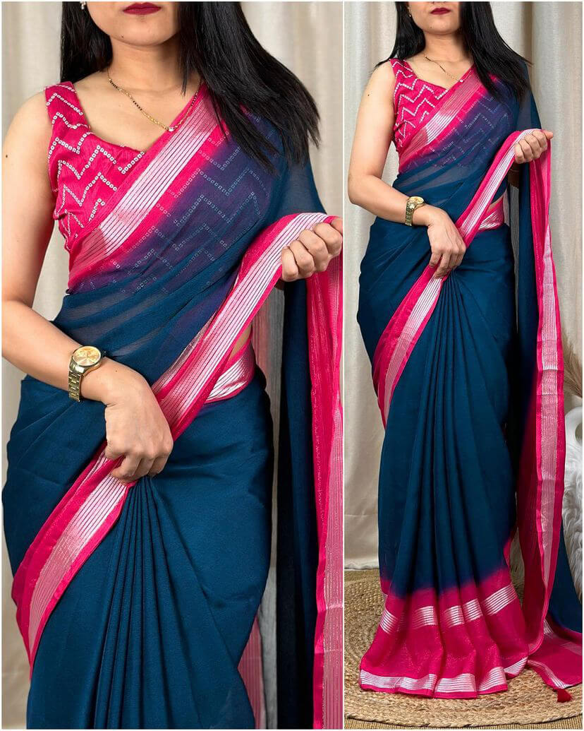 Woebegone Rama Digital Printed Chiffon Saree With Tempting Blouse Piece