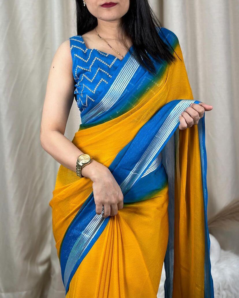 Delectable Yellow Digital Printed Chiffon Saree With Imaginative Blouse Piece