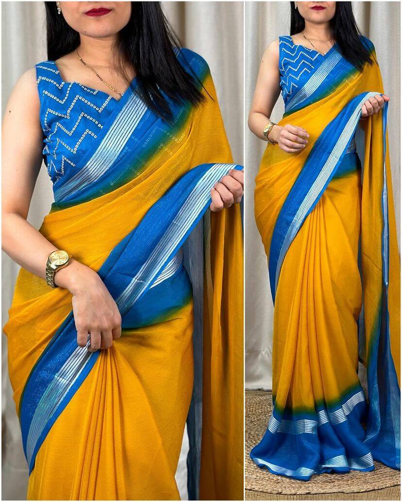 Delectable Yellow Digital Printed Chiffon Saree With Imaginative Blouse Piece