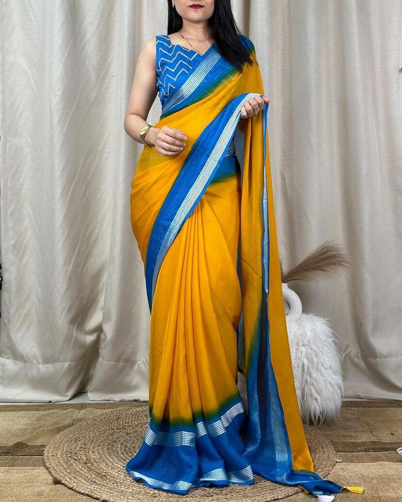 Delectable Yellow Digital Printed Chiffon Saree With Imaginative Blouse Piece