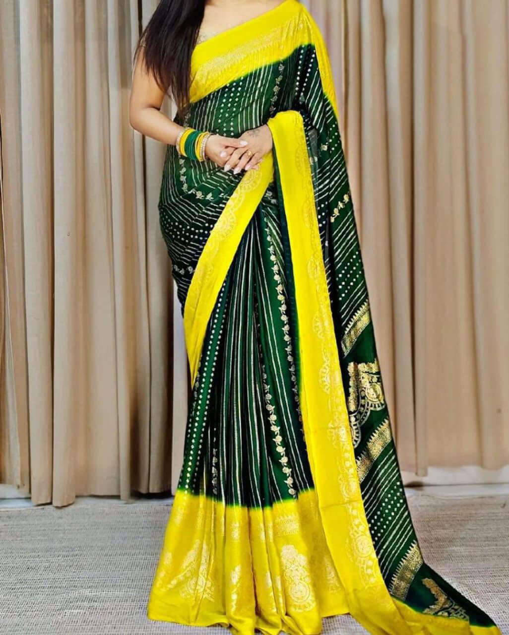 Unequalled Dark Green Digital Printed Chiffon Saree With Delightful Blouse Piece