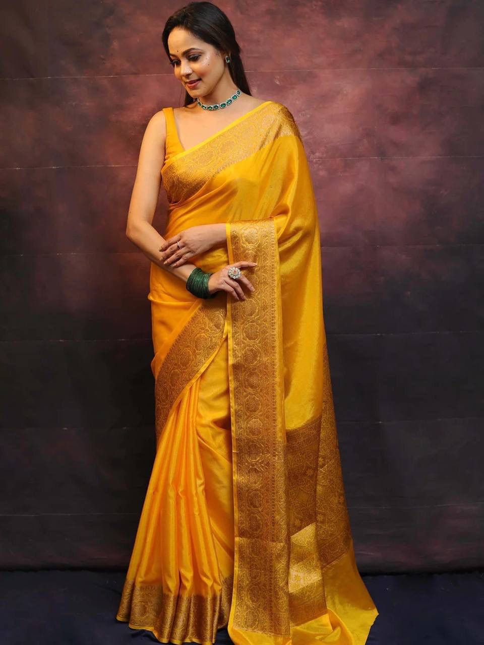 Pleasurable Yellow Soft Silk Saree With Ratatouille Blouse Piece