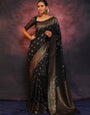 Devastating Black Soft Silk Saree With Panoply Blouse Piece