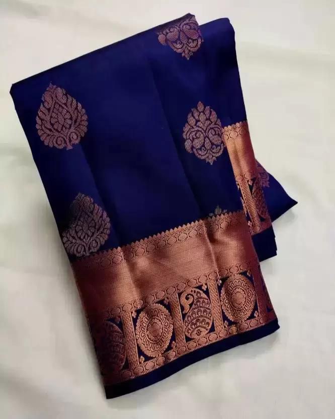 Ephemeral Navy Blue Soft Silk Saree With Seraglio Blouse Piece