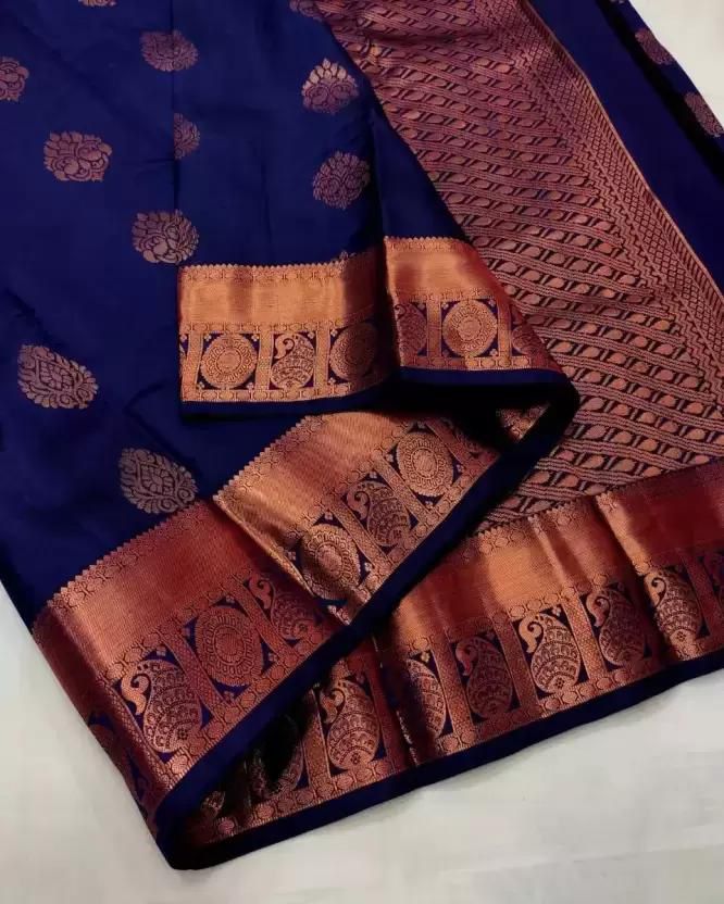 Ephemeral Navy Blue Soft Silk Saree With Seraglio Blouse Piece