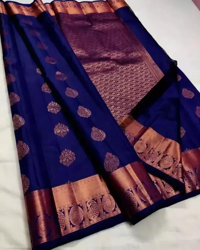 Ephemeral Navy Blue Soft Silk Saree With Seraglio Blouse Piece