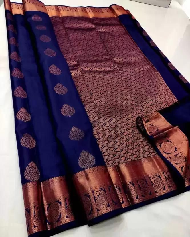 Ephemeral Navy Blue Soft Silk Saree With Seraglio Blouse Piece