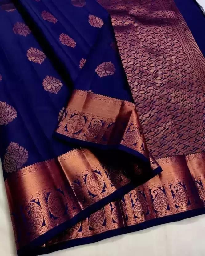 Ephemeral Navy Blue Soft Silk Saree With Seraglio Blouse Piece