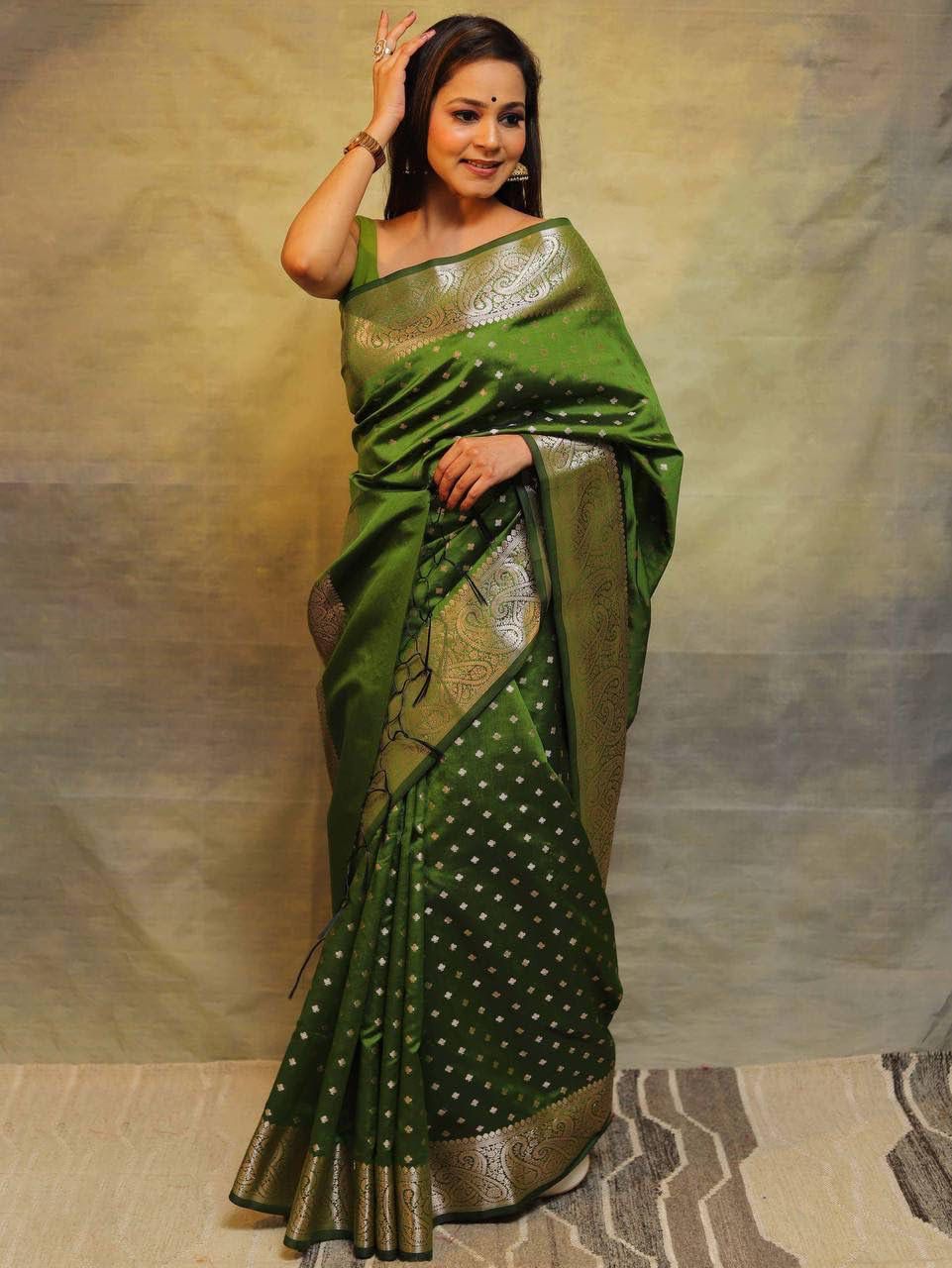 Serendipity Mehndi Soft Silk Saree With Lassitude Blouse Piece