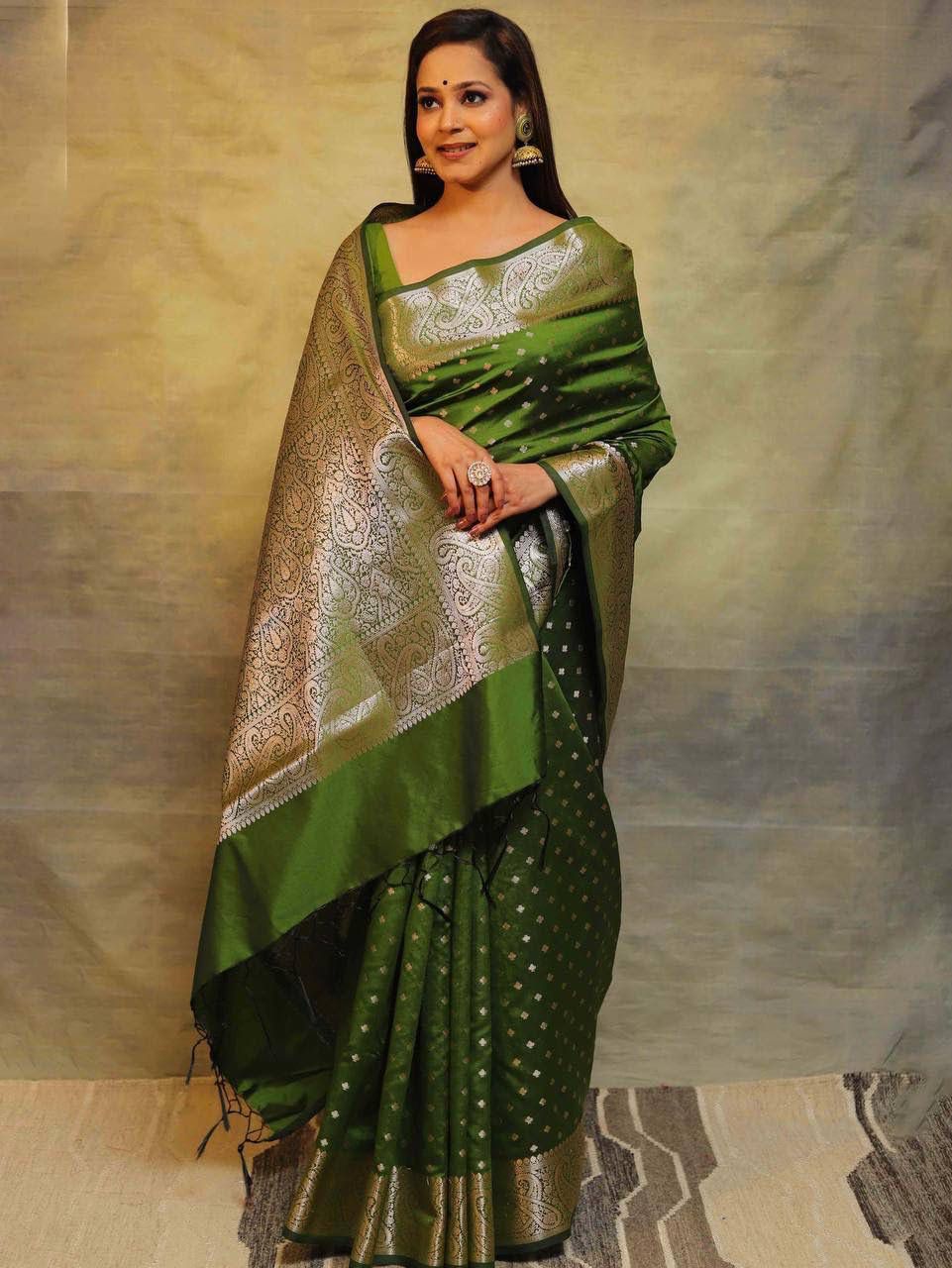 Serendipity Mehndi Soft Silk Saree With Lassitude Blouse Piece