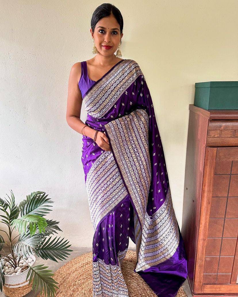 Sempiternal Purple Soft Silk Saree With Imbrication Blouse Piece