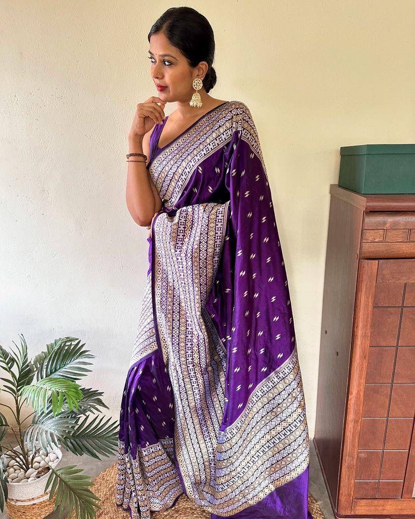 Sempiternal Purple Soft Silk Saree With Imbrication Blouse Piece