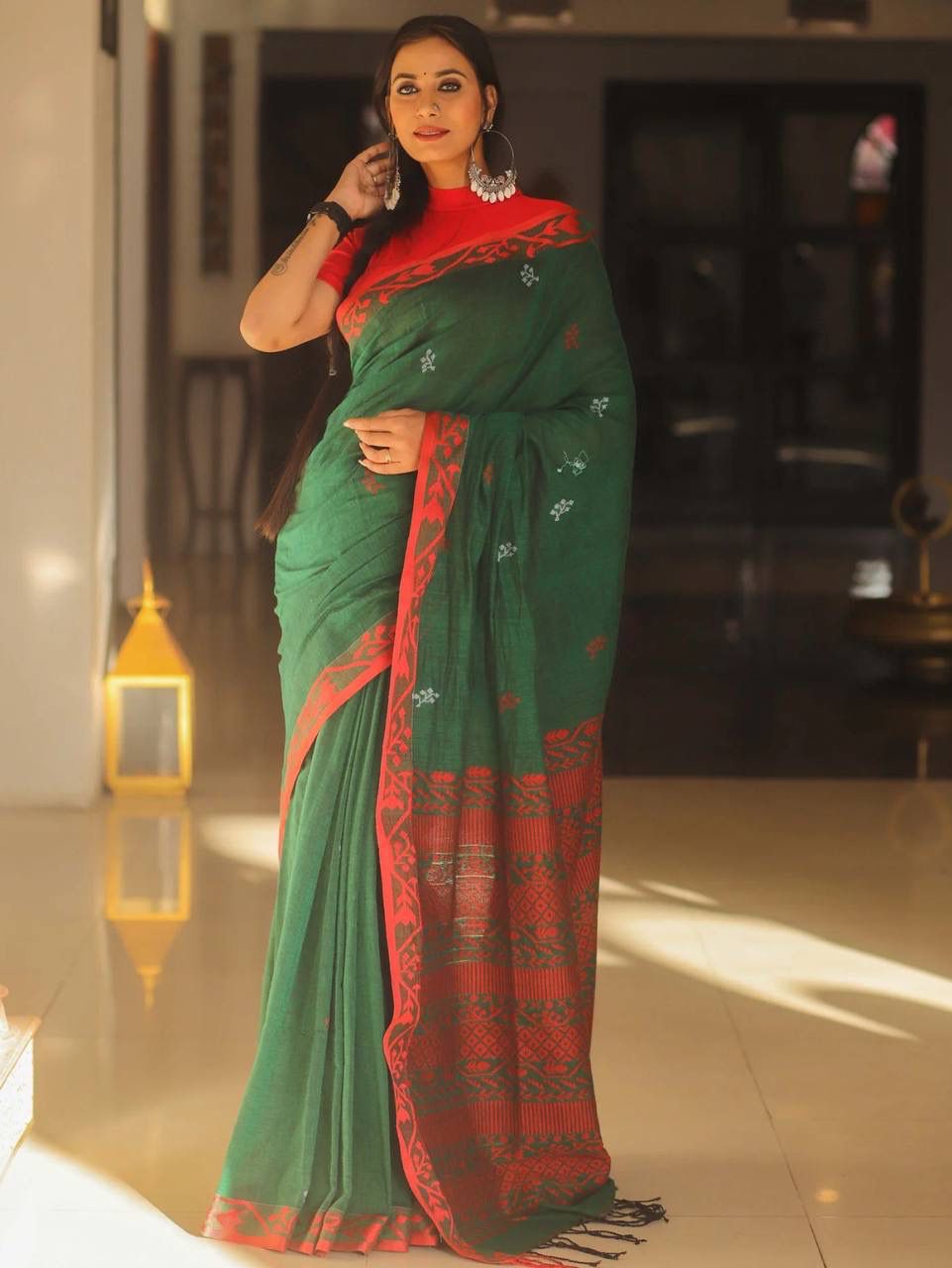 Scintilla Green Cotton Silk Saree With Gossamer Blouse Piece