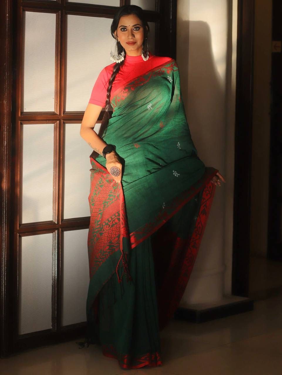 Scintilla Green Cotton Silk Saree With Gossamer Blouse Piece