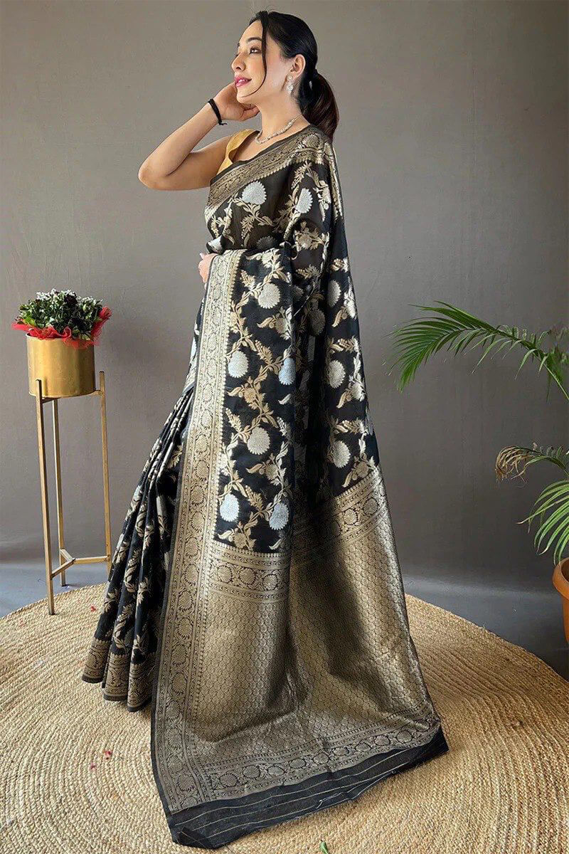 Phenomenal Black Cotton Silk Saree With Attractive Blouse Piece