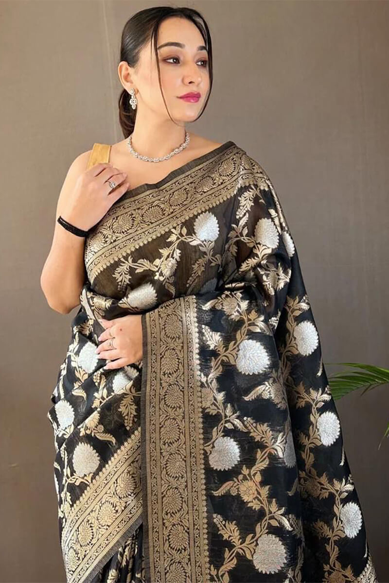 Phenomenal Black Cotton Silk Saree With Attractive Blouse Piece