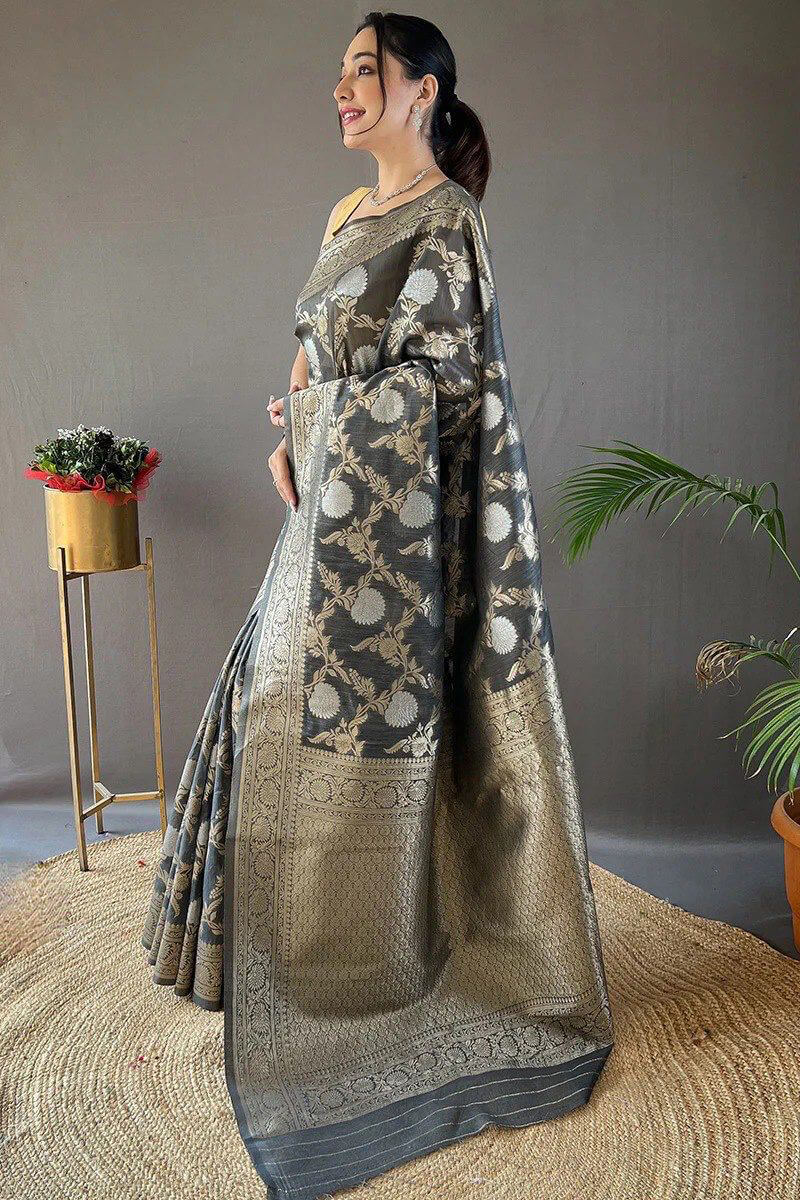 Dazzling Grey Cotton Silk Saree With Gleaming Blouse Piece