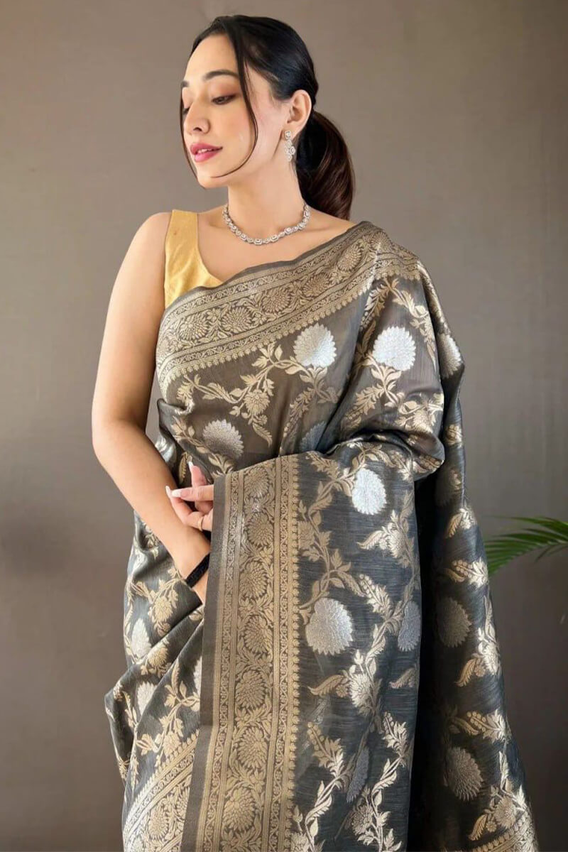 Dazzling Grey Cotton Silk Saree With Gleaming Blouse Piece