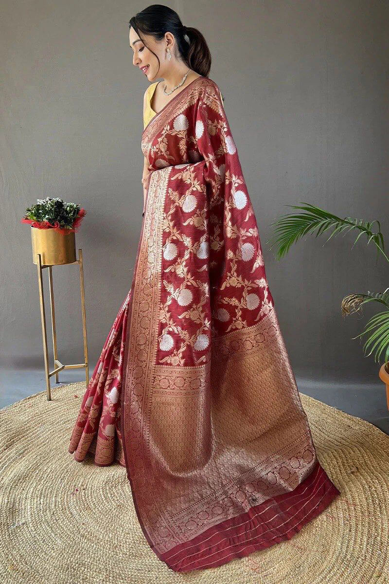 Unique Maroon Cotton Silk Saree With Sophisticated Blouse Piece