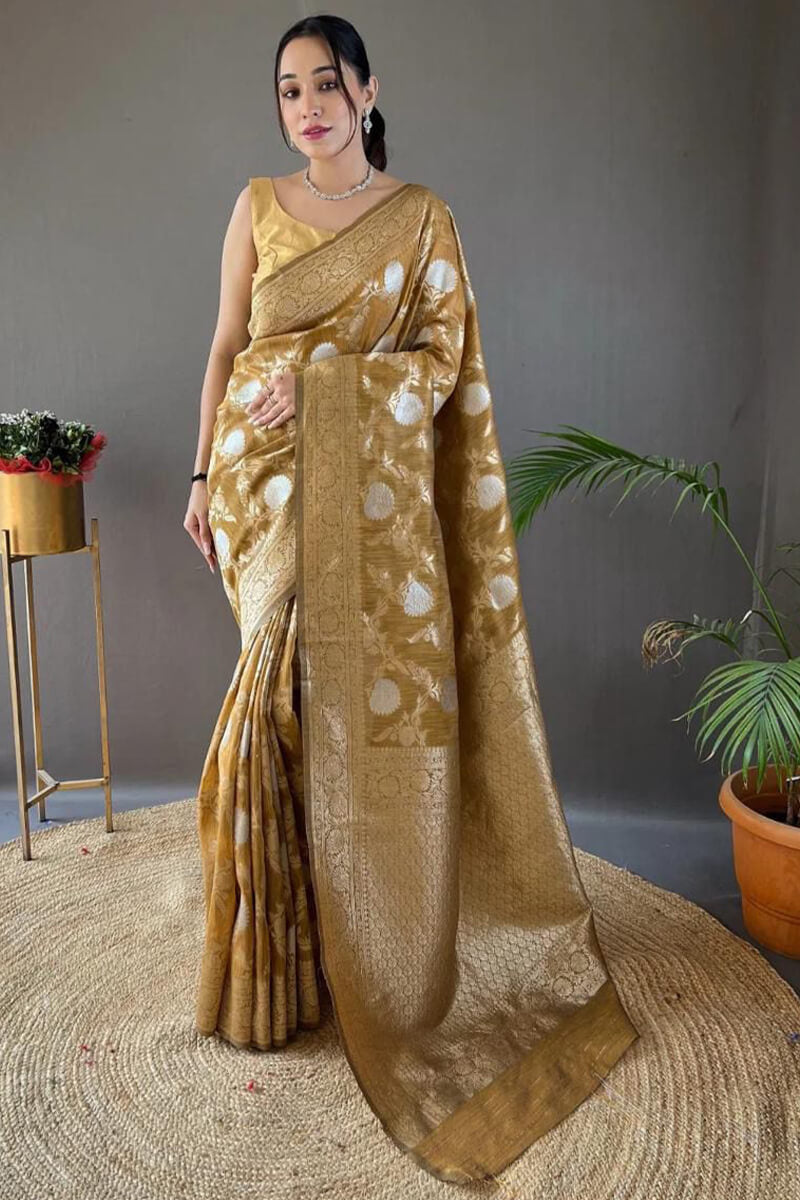 Adorning Mustard Cotton Silk Saree With Lovely Blouse Piece