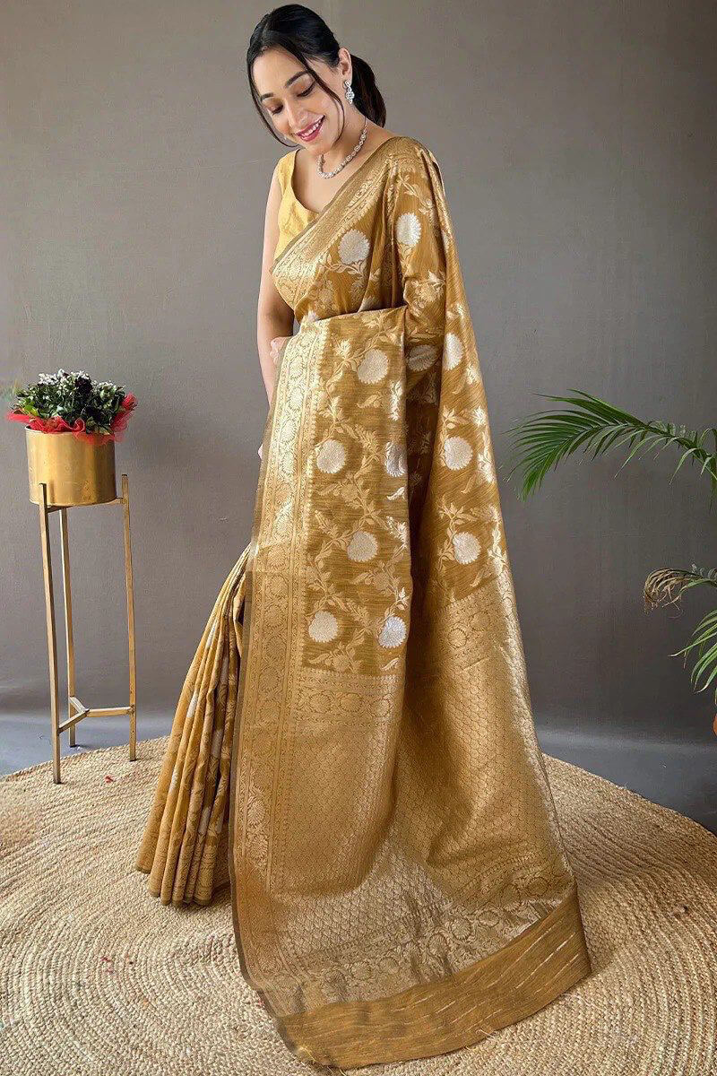 Adorning Mustard Cotton Silk Saree With Lovely Blouse Piece