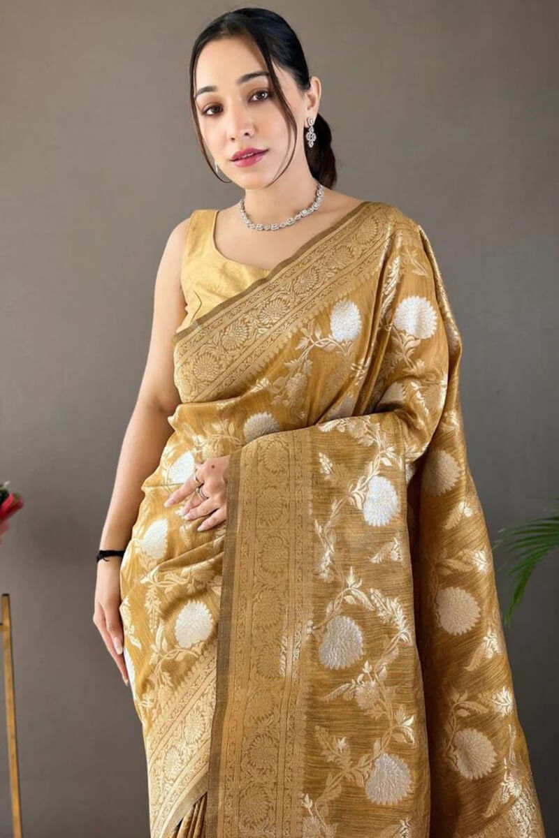 Adorning Mustard Cotton Silk Saree With Lovely Blouse Piece