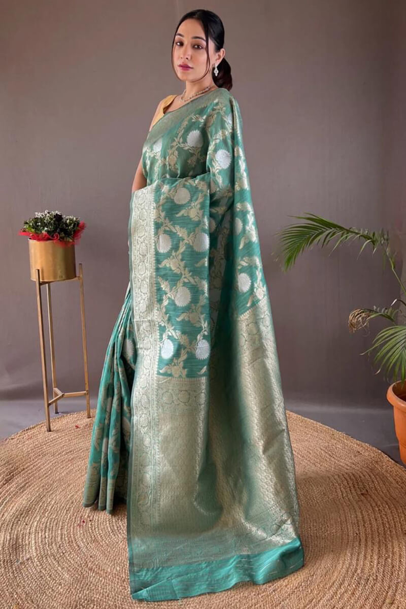 Ephemeral Sea Green Cotton Silk Saree With Lovely Blouse Piece