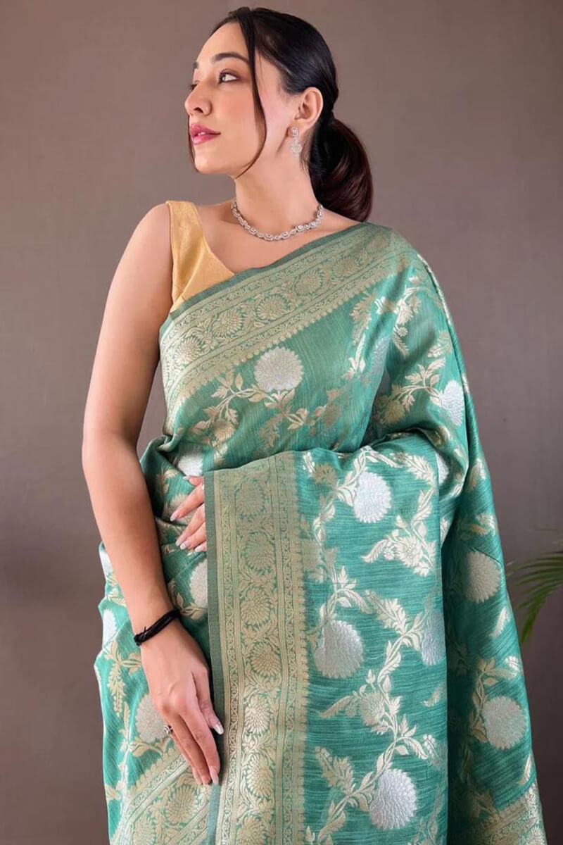 Ephemeral Sea Green Cotton Silk Saree With Lovely Blouse Piece