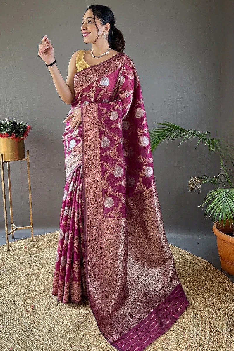 Gratifying Wine Cotton Silk Saree With Energetic Blouse Piece