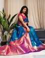 Demesne Blue Soft Banarasi Silk Saree With Embrocation Blouse Piece