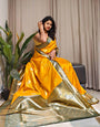 Exceptional Yellow Soft Banarasi Silk Saree With Twirling Blouse Piece
