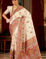 Desirable Beige Pashmina Saree With Gratifying Blouse Piece