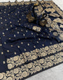 Captivating Navy Blue Soft Banarasi Silk Saree With Demanding Blouse Piece