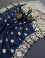 Dazzling Navy Blue Soft Banarasi Silk Saree With Gratifying Blouse Piece