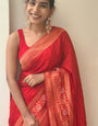 Outstanding Red Soft Banarasi Silk Saree With Glittering Blouse Piece