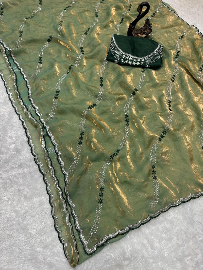 Profuse Green Sequence Work Fandy Silk Saree With Scintillating Blouse Piece