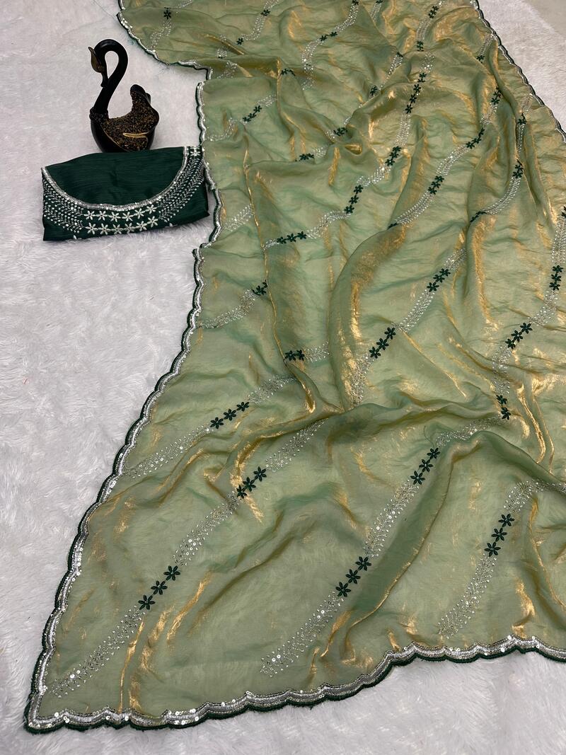 Profuse Green Sequence Work Fandy Silk Saree With Scintillating Blouse Piece