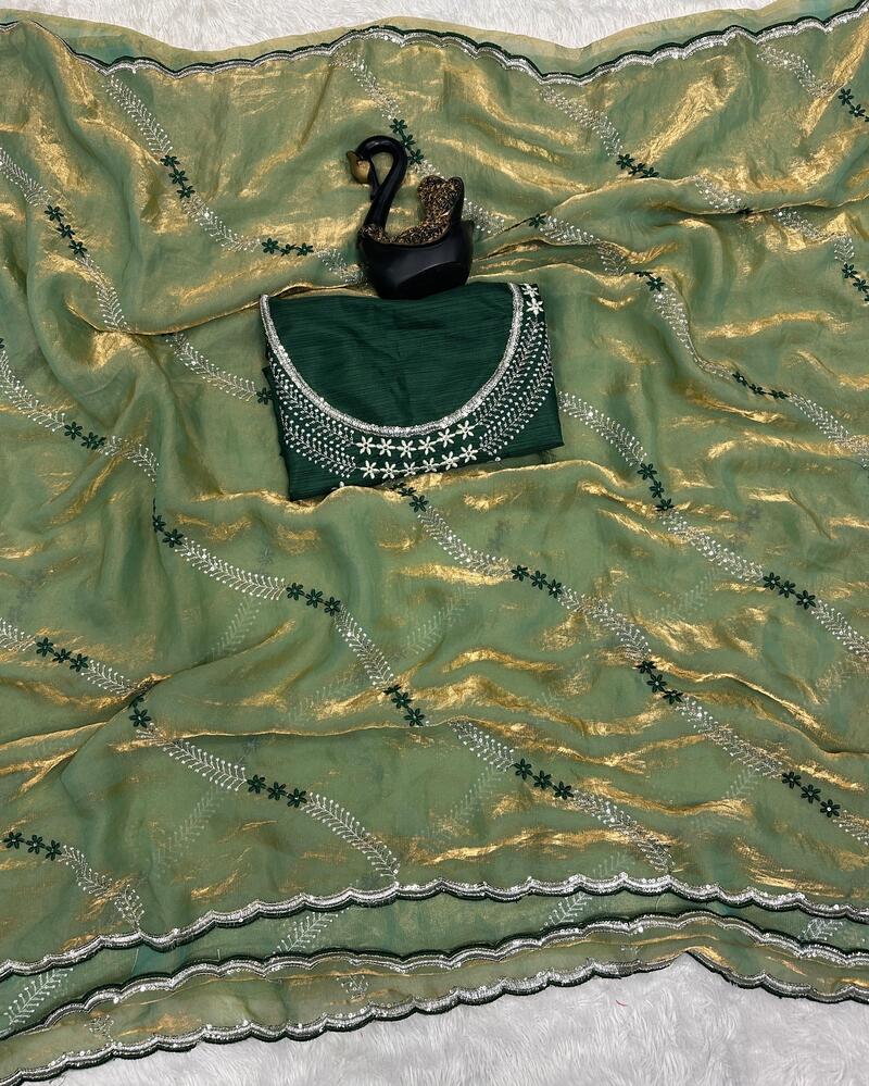 Profuse Green Sequence Work Fandy Silk Saree With Scintillating Blouse Piece
