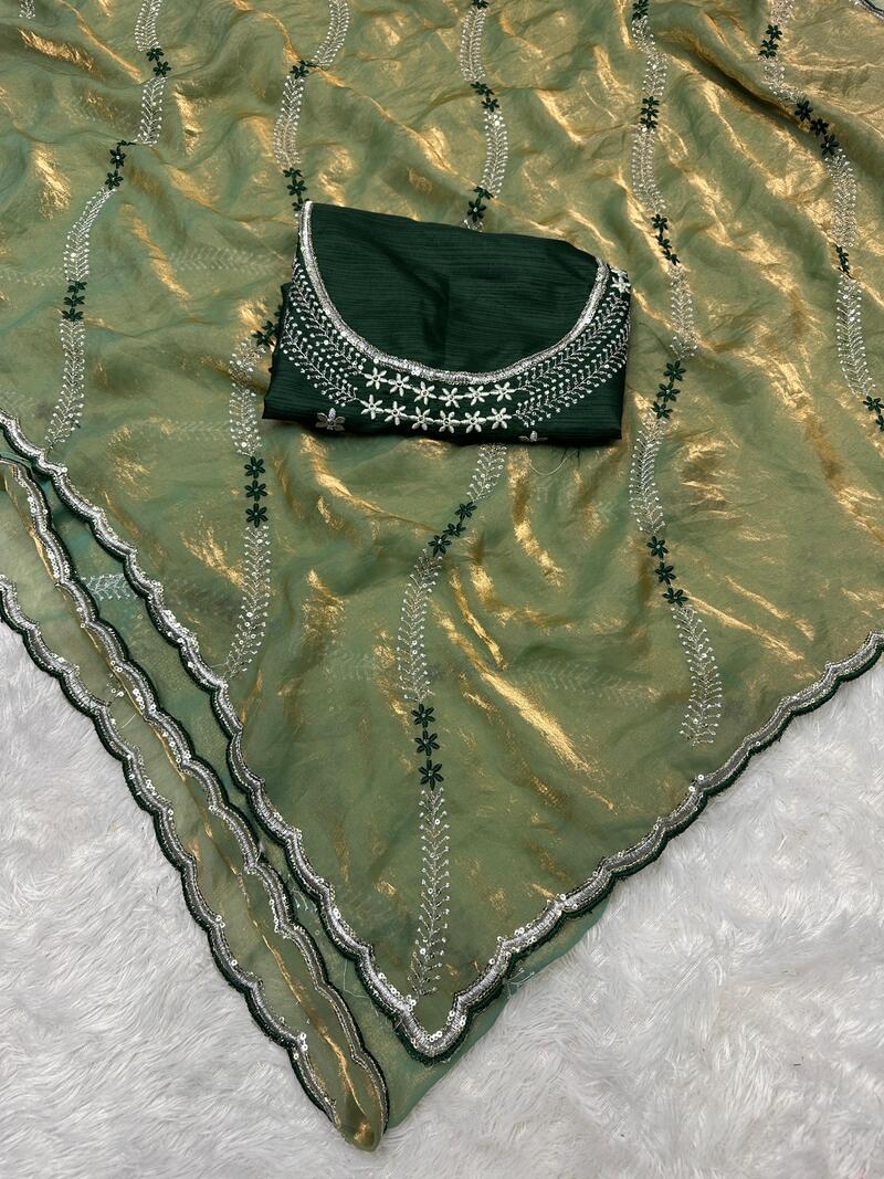 Profuse Green Sequence Work Fandy Silk Saree With Scintillating Blouse Piece
