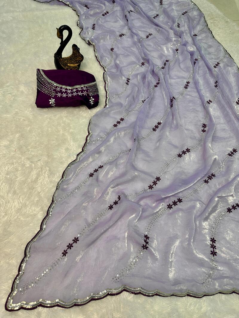 Panoply Lavender Sequence Work Fandy Silk Saree With Ethnic Blouse Piece