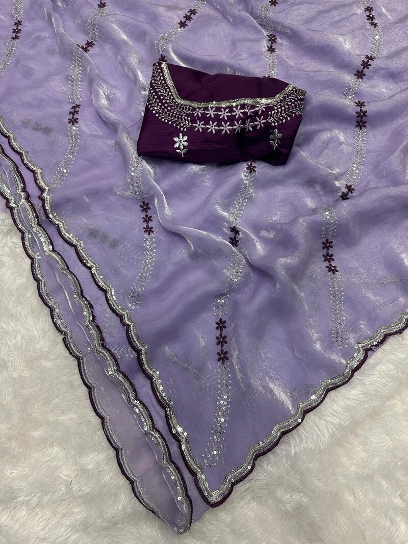 Panoply Lavender Sequence Work Fandy Silk Saree With Ethnic Blouse Piece