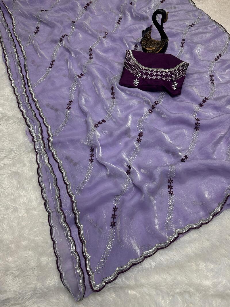 Panoply Lavender Sequence Work Fandy Silk Saree With Ethnic Blouse Piece